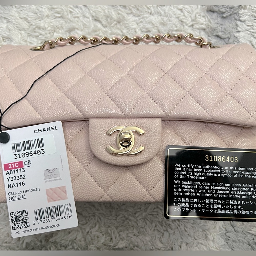 Chanel 2021 Caviar Classic Small Double Flap Bag in pale baby pink gold hardware